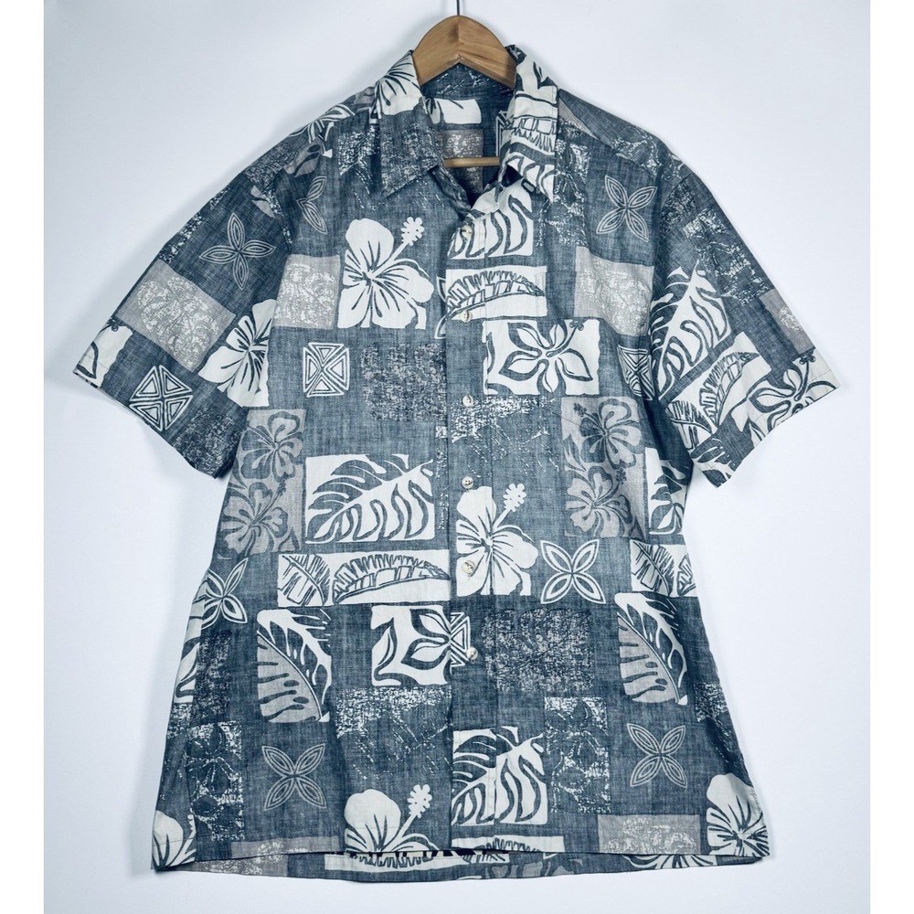 Kalaheo Hawaiian Shirt‎ Mens XL Gray White Reverse Print Aloha Camp Tropical USA
